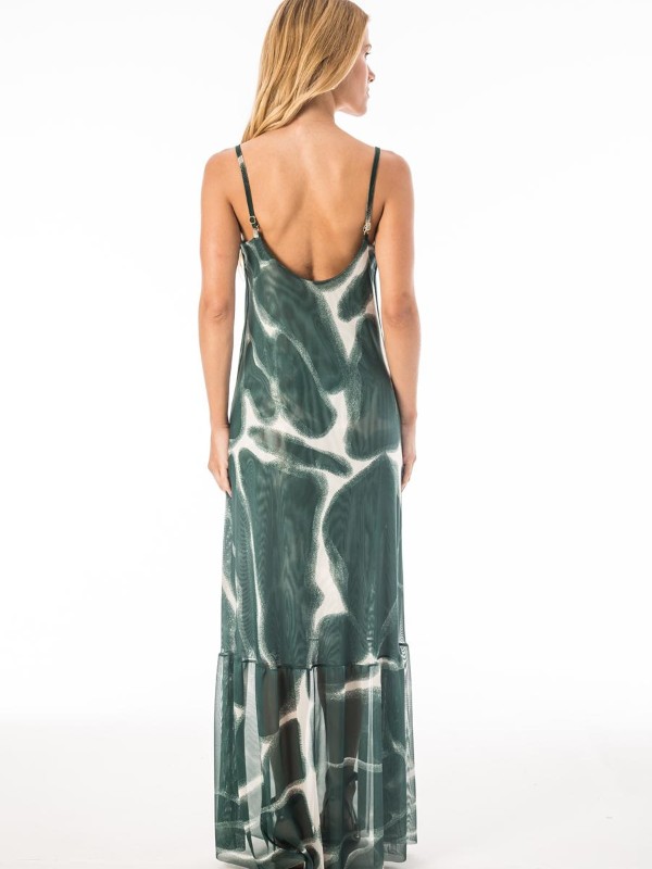Vestido Pós-Praia Longo em Tule Estampado