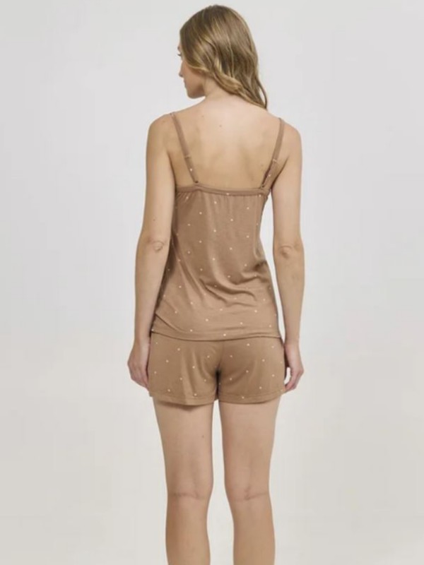 Pijama Adulto Feminino Short Doll Alça Visco Poá Caramelo